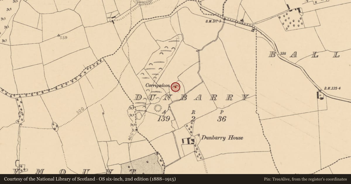 Ordnance Survey six-inch map, 2nd edition (1888–1915) covering the location of Castle - unclassified, Dunbarry, County Cork, with a pin at the register's coordinates
