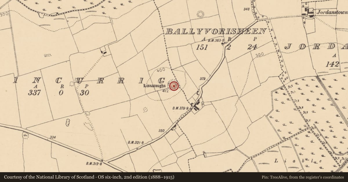 Ordnance Survey six-inch map, 2nd edition (1888–1915) covering the location of Ringfort - rath, Ballincurrig, County Cork, with a pin at the register's coordinates