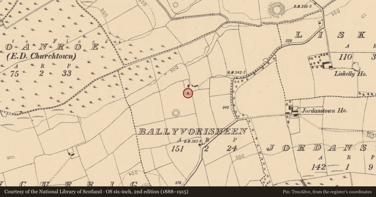 Ordnance Survey six-inch map, 2nd edition (1888–1915) covering the location of Ringfort - rath, Ballyvorisheen, County Cork, with a pin at the register's coordinates