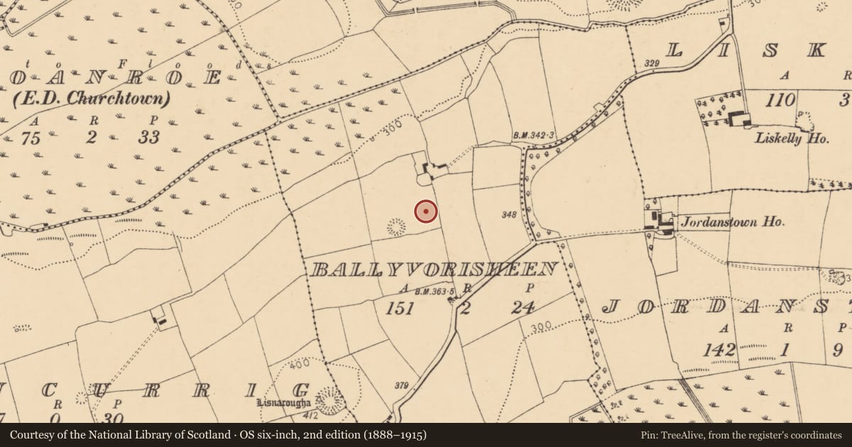 Ordnance Survey six-inch map, 2nd edition (1888–1915) covering the location of Souterrain, Ballyvorisheen, County Cork, with a pin at the register's coordinates