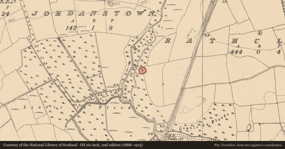 Ordnance Survey six-inch map, 2nd edition (1888–1915) covering the location of Moated site, Rathclare, County Cork, with a pin at the register's coordinates