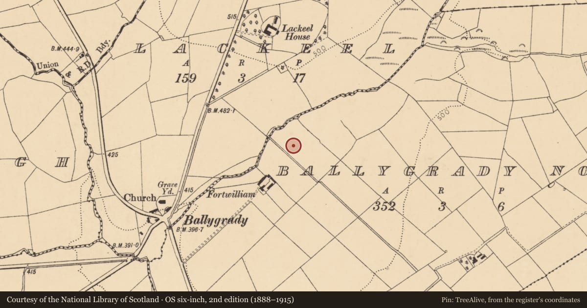 Ordnance Survey six-inch map, 2nd edition (1888–1915) covering the location of Burial ground, Ballygrady North, County Cork, with a pin at the register's coordinates