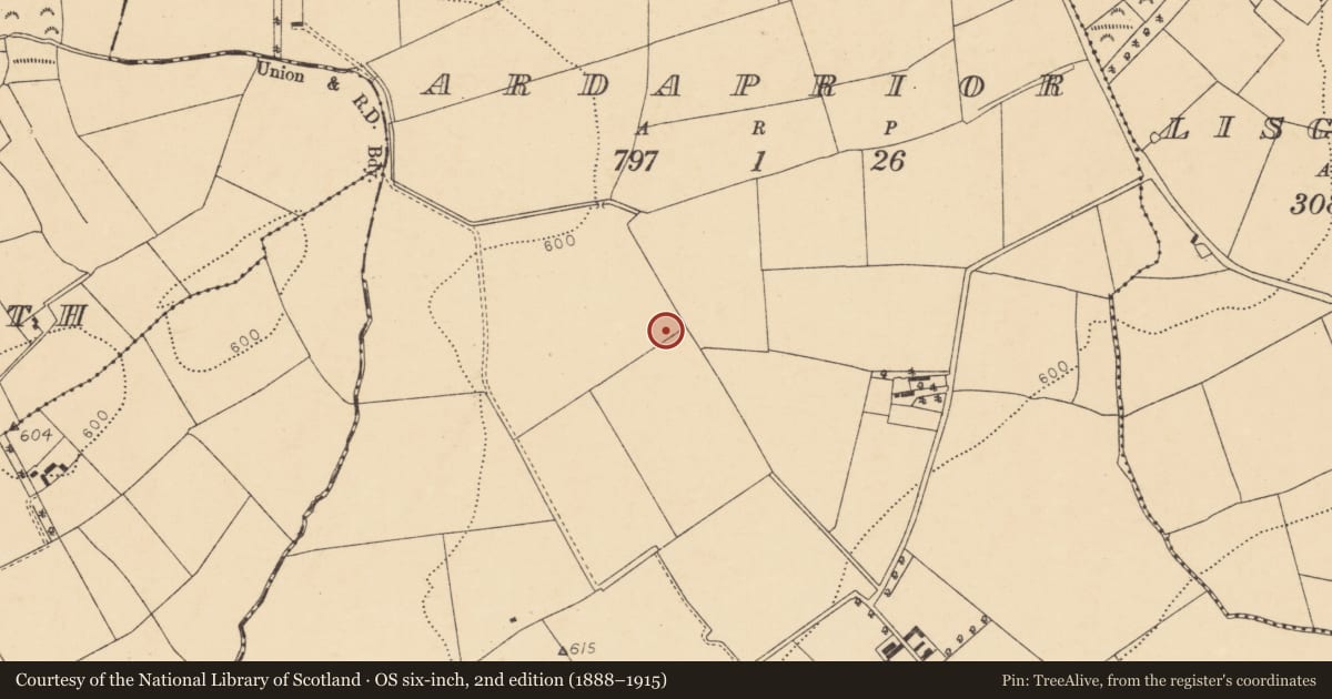 Ordnance Survey six-inch map, 2nd edition (1888–1915) covering the location of Fulacht fia, Ardaprior, County Cork, with a pin at the register's coordinates