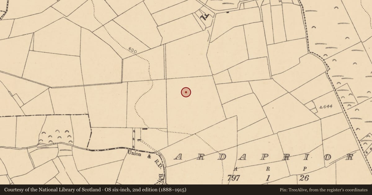 Ordnance Survey six-inch map, 2nd edition (1888–1915) covering the location of Fulacht fia, Ardaprior, County Cork, with a pin at the register's coordinates