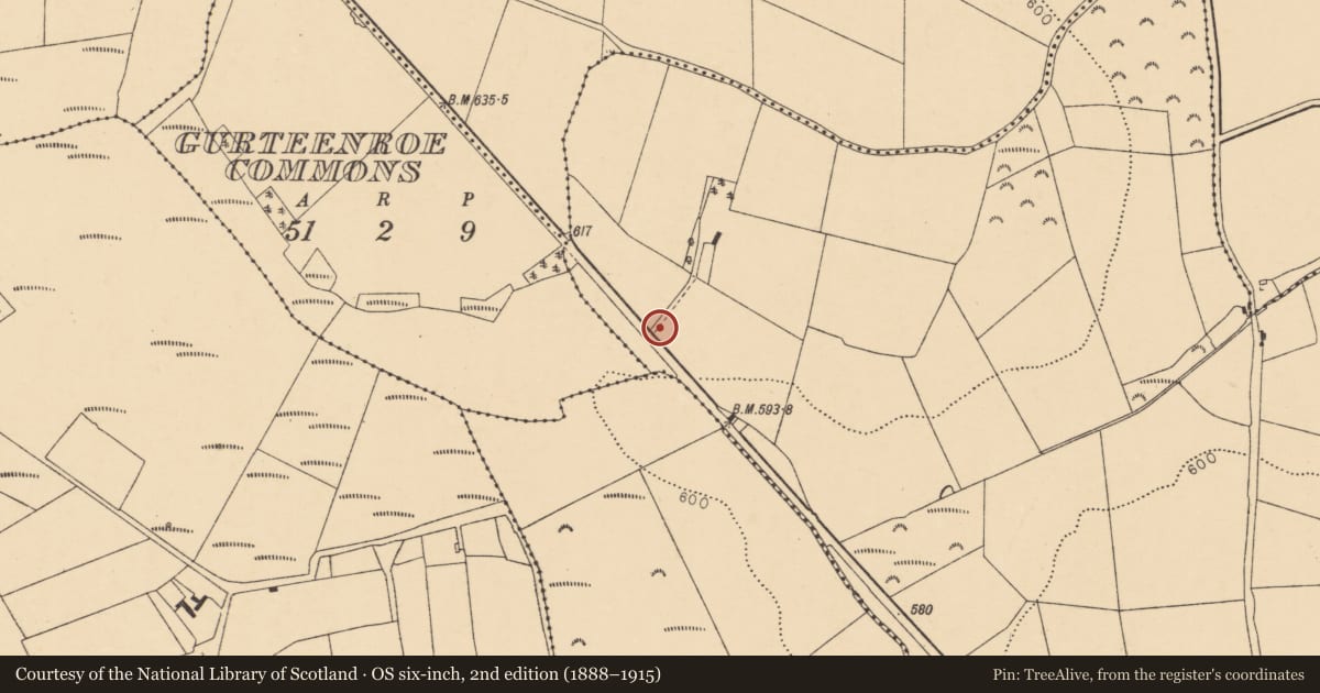 Ordnance Survey six-inch map, 2nd edition (1888–1915) covering the location of Fulacht fia, Templemary, County Cork, with a pin at the register's coordinates