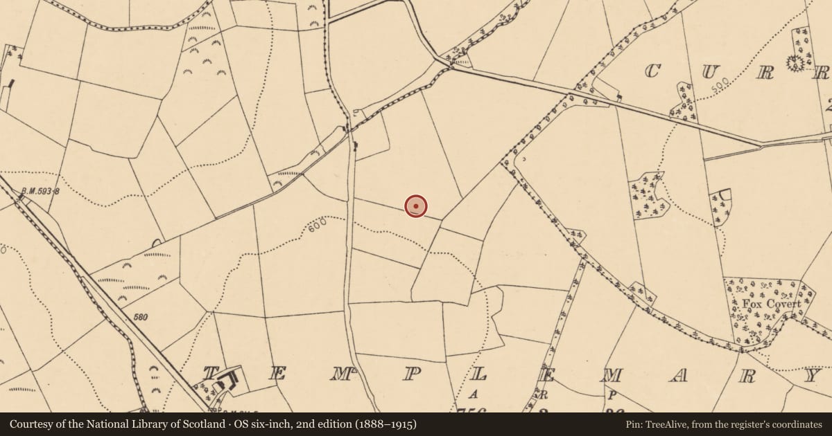Ordnance Survey six-inch map, 2nd edition (1888–1915) covering the location of Fulacht fia, Templemary, County Cork, with a pin at the register's coordinates