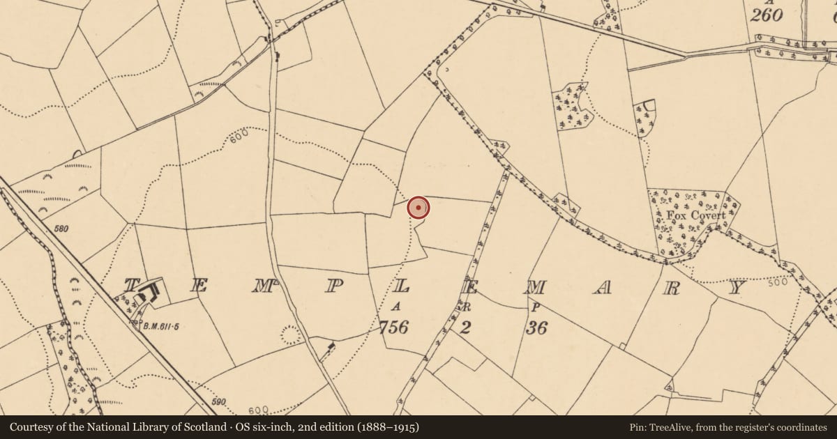 Ordnance Survey six-inch map, 2nd edition (1888–1915) covering the location of Fulacht fia, Templemary, County Cork, with a pin at the register's coordinates