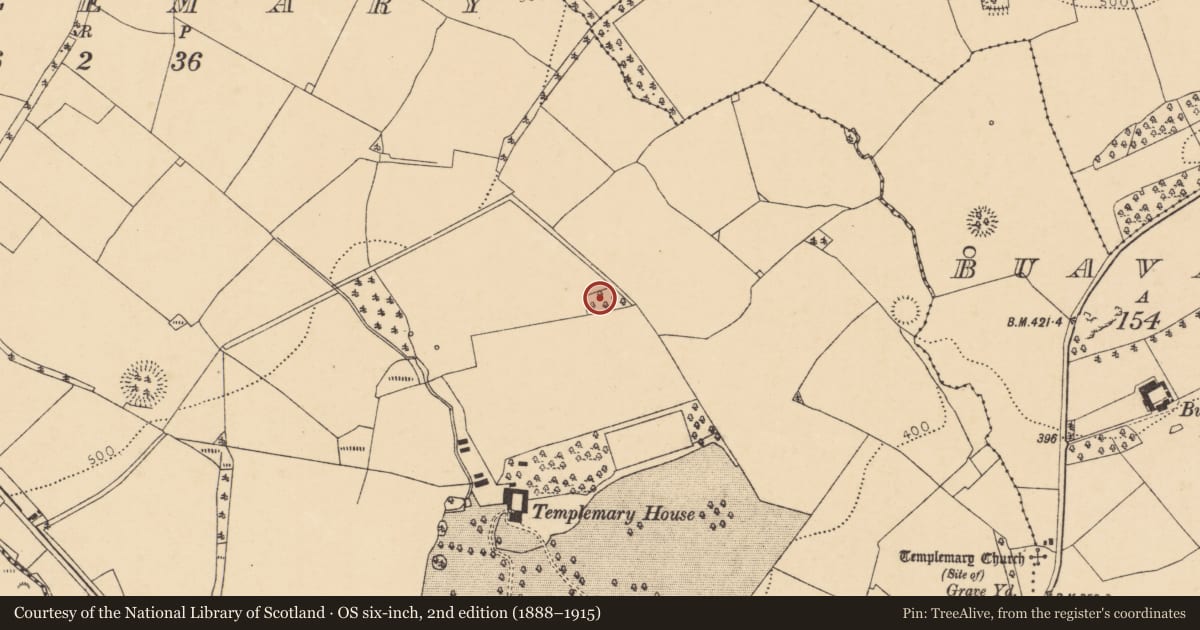 Ordnance Survey six-inch map, 2nd edition (1888–1915) covering the location of Burial ground, Templemary, County Cork, with a pin at the register's coordinates