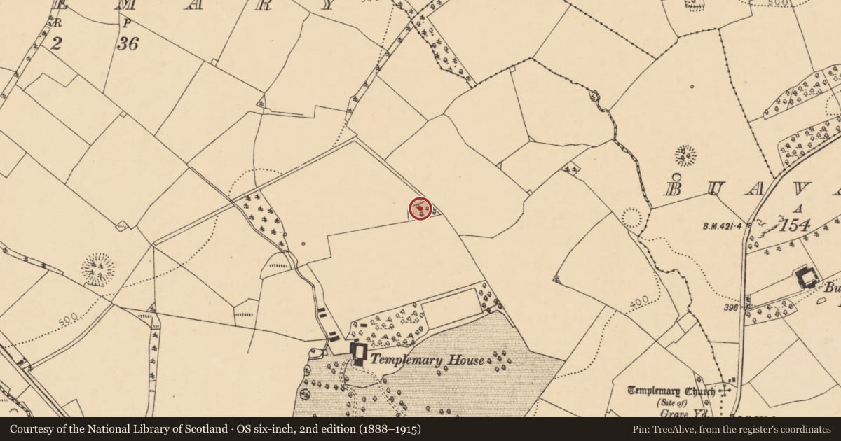 Ordnance Survey six-inch map, 2nd edition (1888–1915) covering the location of Church, Templemary, County Cork, with a pin at the register's coordinates