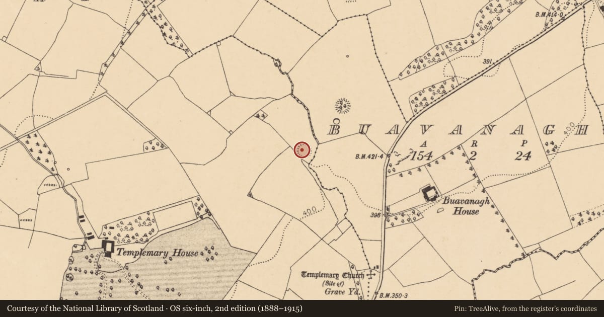 Ordnance Survey six-inch map, 2nd edition (1888–1915) covering the location of Ringfort - rath, Templemary, County Cork, with a pin at the register's coordinates