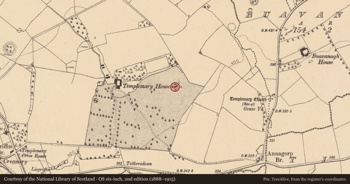 Ordnance Survey six-inch map, 2nd edition (1888–1915) covering the location of Ringfort - rath, Templemary, County Cork, with a pin at the register's coordinates