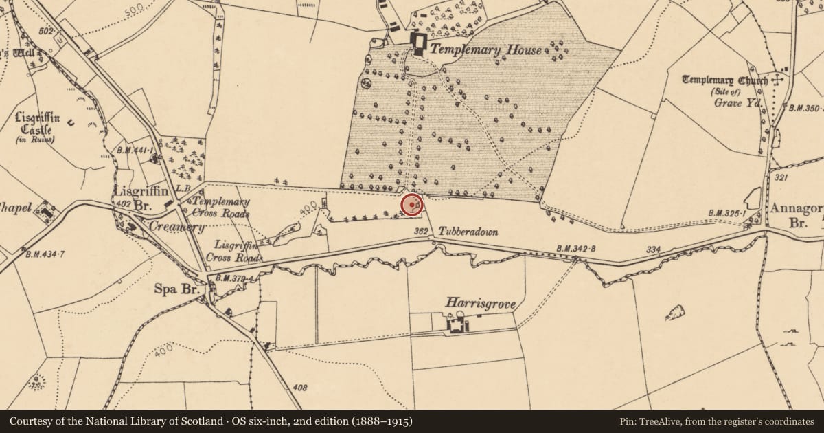 Ordnance Survey six-inch map, 2nd edition (1888–1915) covering the location of Kiln - lime, Templemary, County Cork, with a pin at the register's coordinates