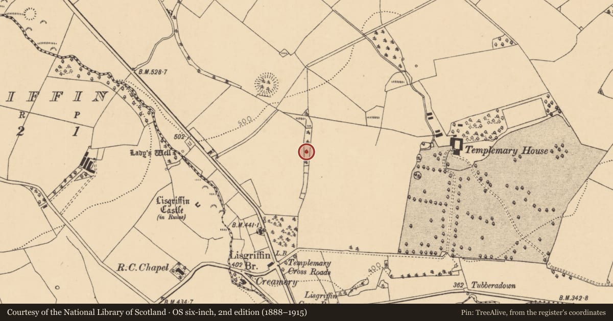 Ordnance Survey six-inch map, 2nd edition (1888–1915) covering the location of Ringfort - rath, Templemary, County Cork, with a pin at the register's coordinates
