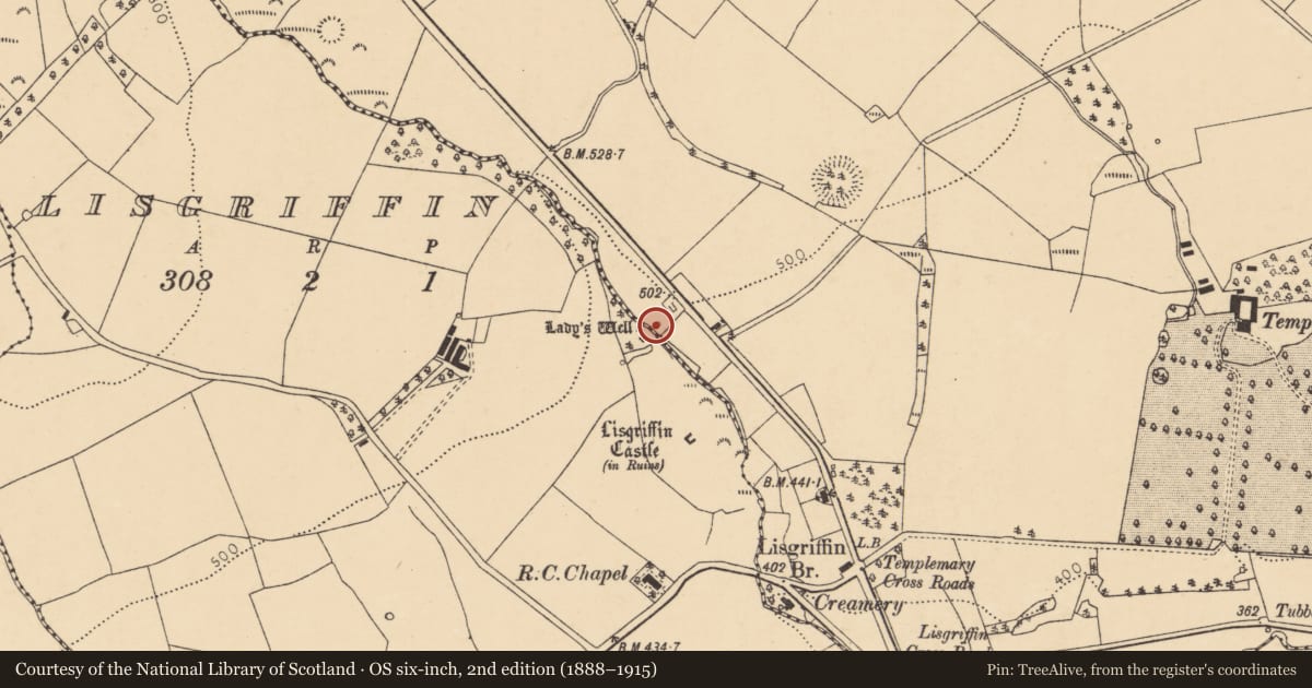 Ordnance Survey six-inch map, 2nd edition (1888–1915) covering the location of Ritual site - holy well, Templemary, County Cork, with a pin at the register's coordinates