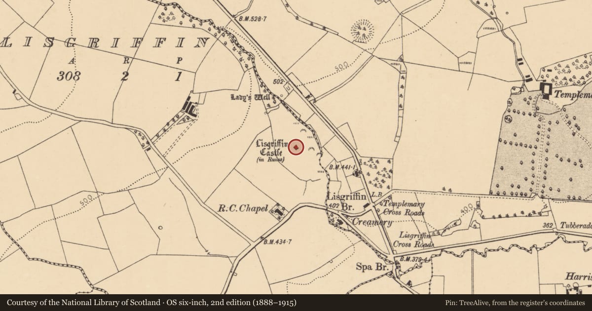 Ordnance Survey six-inch map, 2nd edition (1888–1915) covering the location of House - fortified house, Lisgriffin, County Cork, with a pin at the register's coordinates