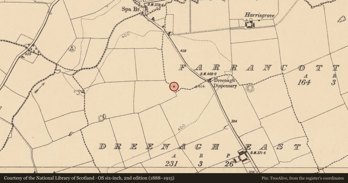 Ordnance Survey six-inch map, 2nd edition (1888–1915) covering the location of Enclosure, Farrancotter, County Cork, with a pin at the register's coordinates