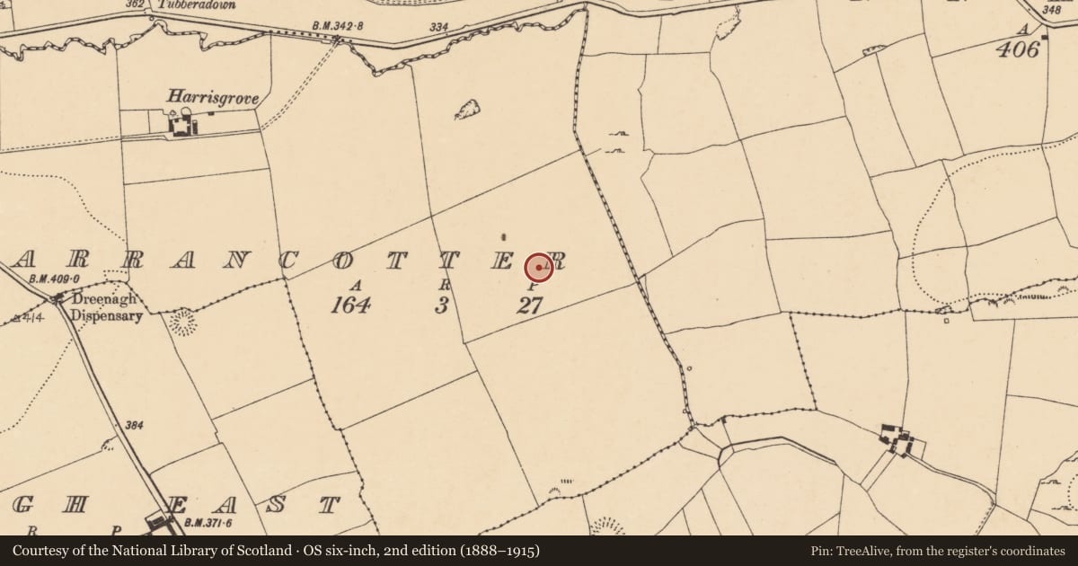 Ordnance Survey six-inch map, 2nd edition (1888–1915) covering the location of Ringfort - rath, Farrancotter, County Cork, with a pin at the register's coordinates