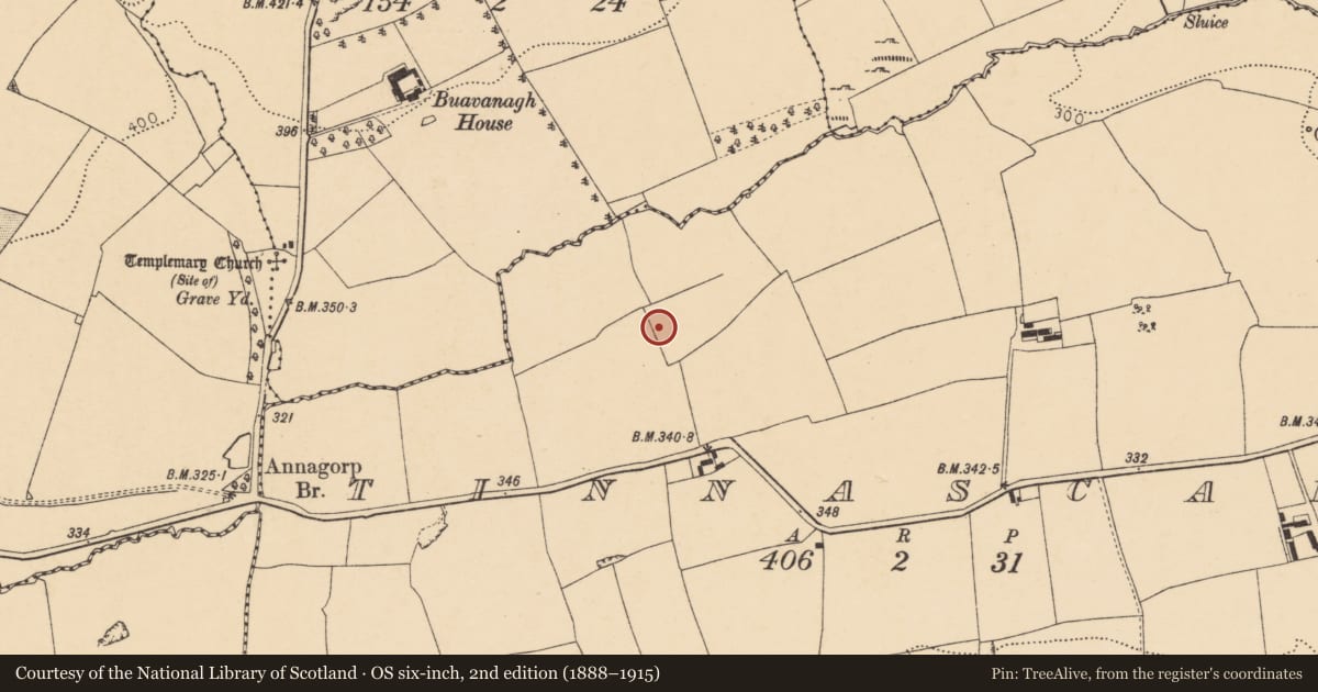Ordnance Survey six-inch map, 2nd edition (1888–1915) covering the location of Earthwork, Tinnascart, County Cork, with a pin at the register's coordinates