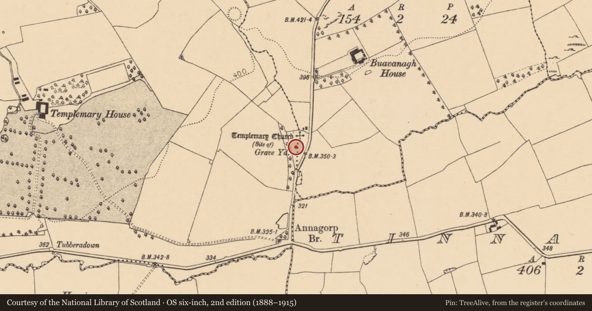 Ordnance Survey six-inch map, 2nd edition (1888–1915) covering the location of Graveyard, Buavanagh, Templemary, County Cork, with a pin at the register's coordinates
