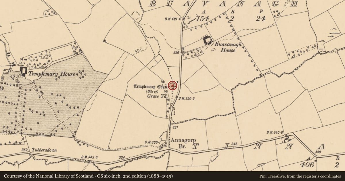 Ordnance Survey six-inch map, 2nd edition (1888–1915) covering the location of Church, Buavanagh, Templemary, County Cork, with a pin at the register's coordinates