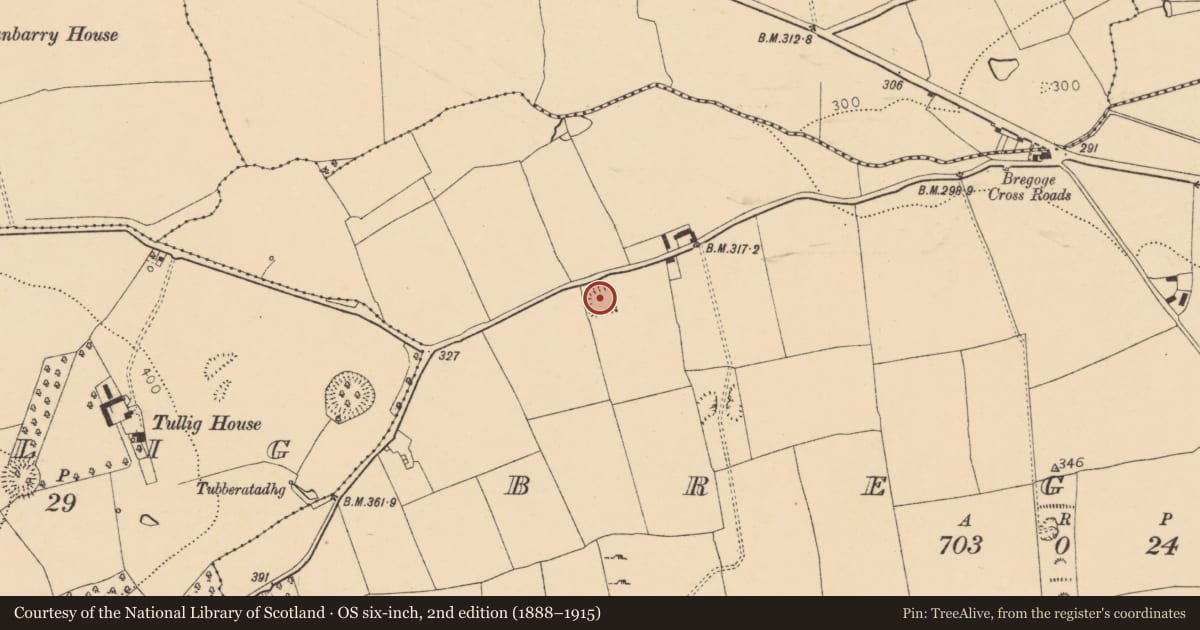 Ordnance Survey six-inch map, 2nd edition (1888–1915) covering the location of Moated site, Bregoge, County Cork, with a pin at the register's coordinates