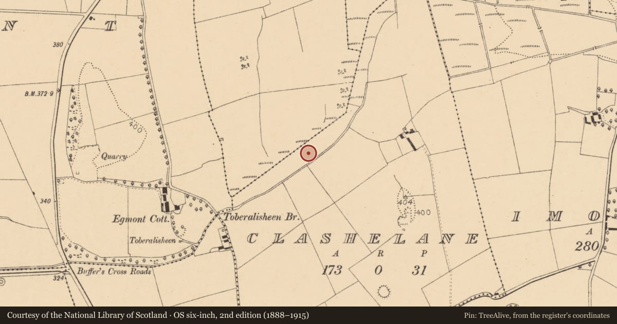 Ordnance Survey six-inch map, 2nd edition (1888–1915) covering the location of Mound, Clashelane, County Cork, with a pin at the register's coordinates