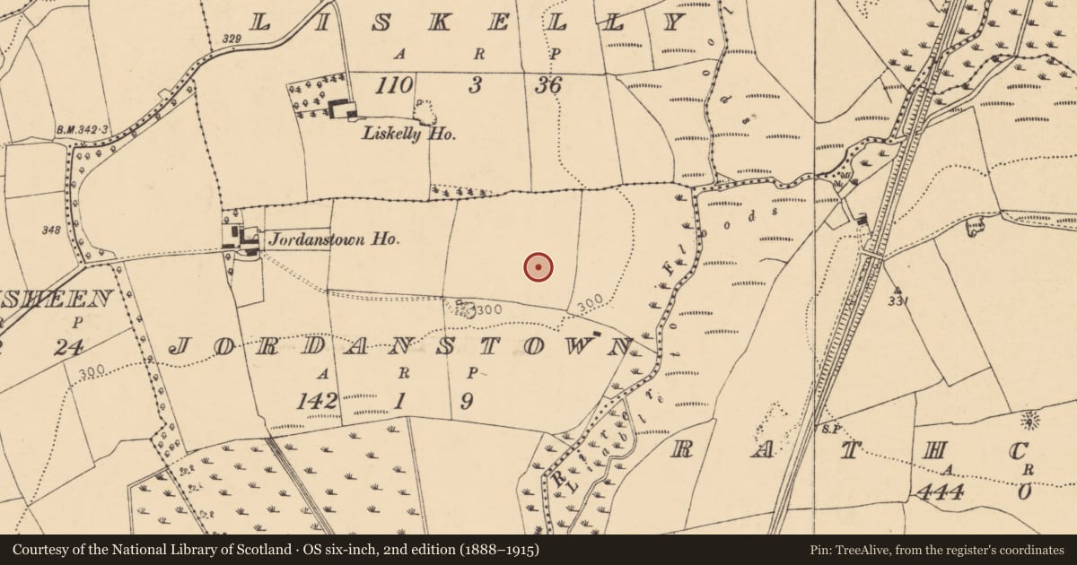 Ordnance Survey six-inch map, 2nd edition (1888–1915) covering the location of Enclosure, Jordanstown, County Cork, with a pin at the register's coordinates
