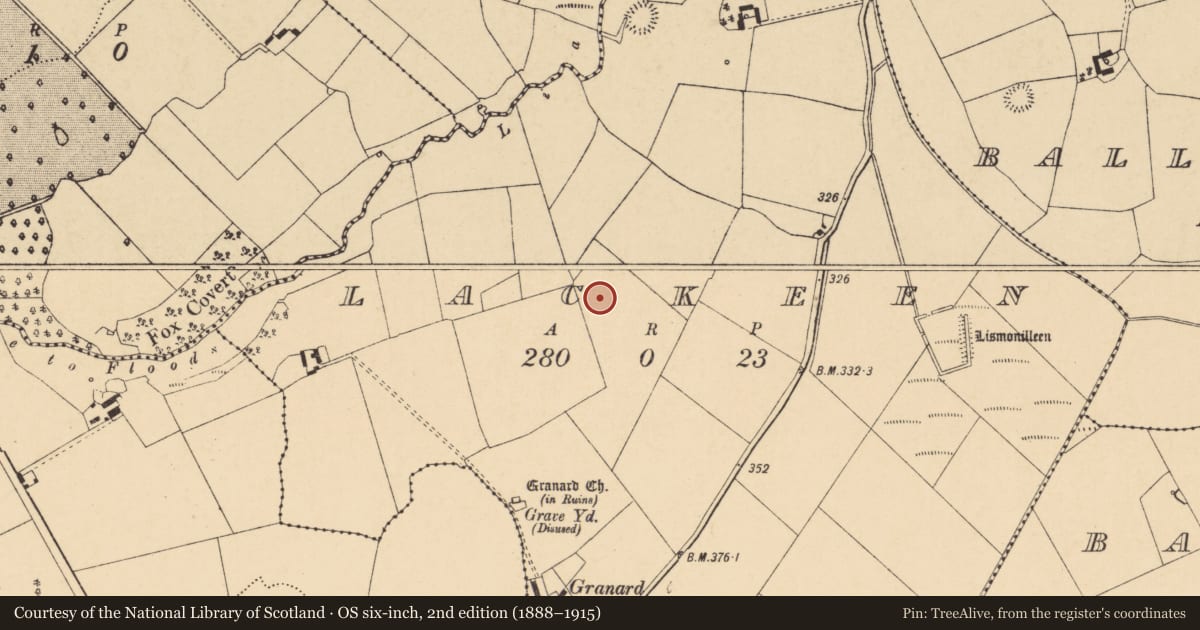 Ordnance Survey six-inch map, 2nd edition (1888–1915) covering the location of Enclosure, Lackeen, County Cork, with a pin at the register's coordinates