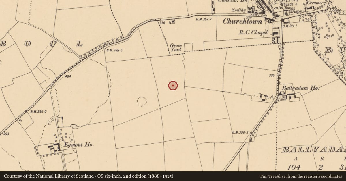 Ordnance Survey six-inch map, 2nd edition (1888–1915) covering the location of Ringfort - rath, Egmont, County Cork, with a pin at the register's coordinates