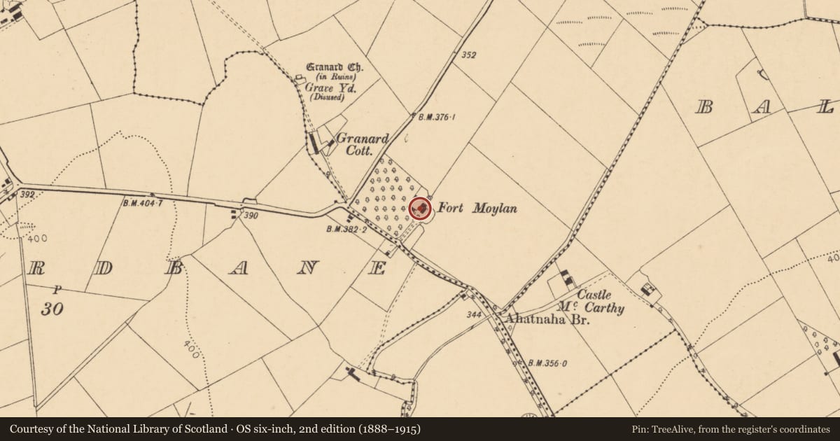 Ordnance Survey six-inch map, 2nd edition (1888–1915) covering the location of Country house, Lackeen, County Cork, with a pin at the register's coordinates