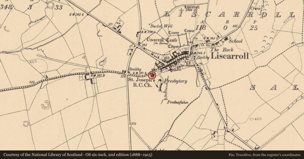 Ordnance Survey six-inch map, 2nd edition (1888–1915) covering the location of Church, Coolbane, County Cork, with a pin at the register's coordinates