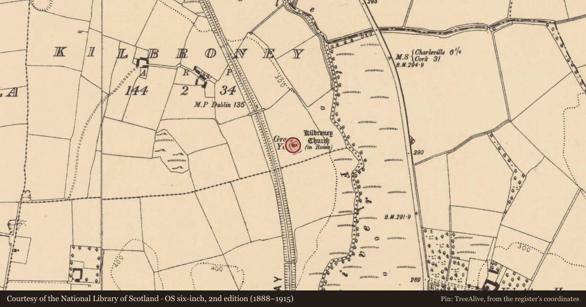 Ordnance Survey six-inch map, 2nd edition (1888–1915) covering the location of Graveyard, Kilbroney, County Cork, with a pin at the register's coordinates