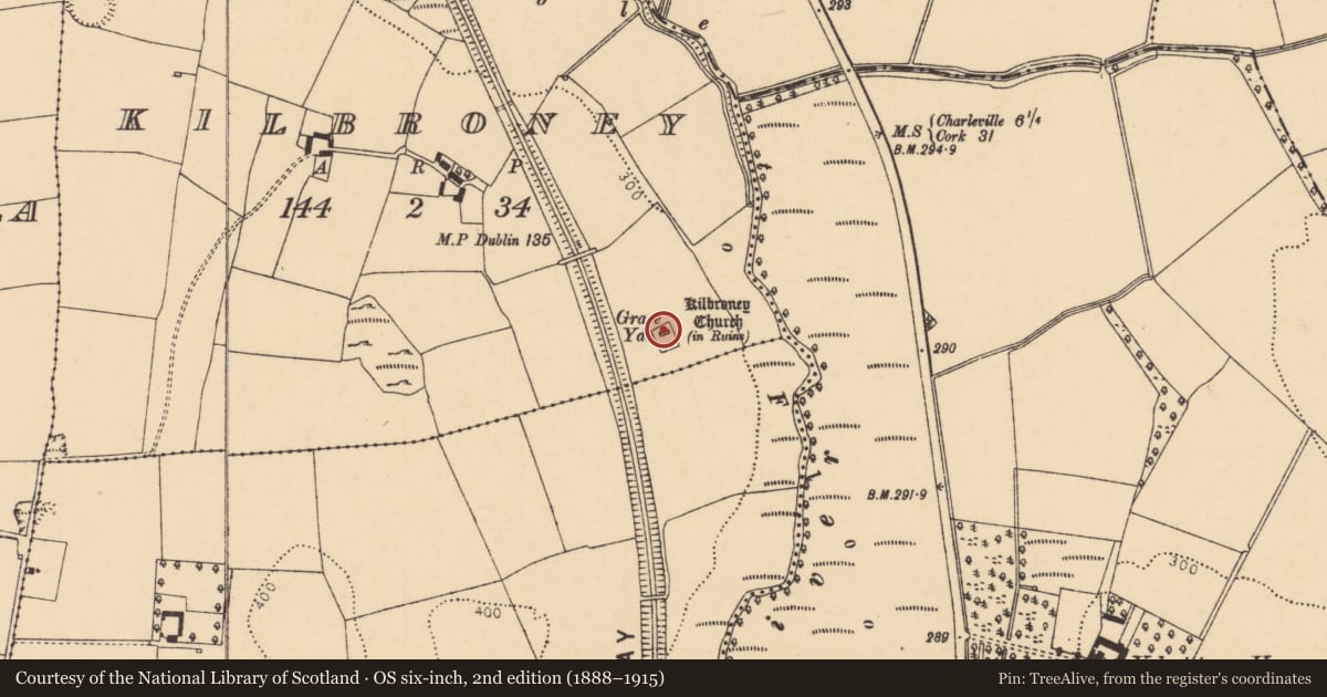 Ordnance Survey six-inch map, 2nd edition (1888–1915) covering the location of Church, Kilbroney, County Cork, with a pin at the register's coordinates