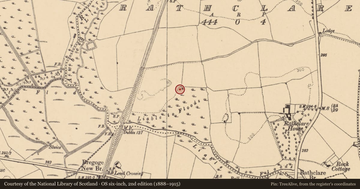 Ordnance Survey six-inch map, 2nd edition (1888–1915) covering the location of Earthwork, Rathclare, County Cork, with a pin at the register's coordinates