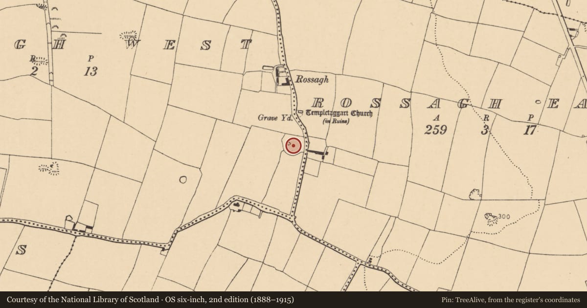 Ordnance Survey six-inch map, 2nd edition (1888–1915) covering the location of Souterrain, Rossagh West, County Cork, with a pin at the register's coordinates