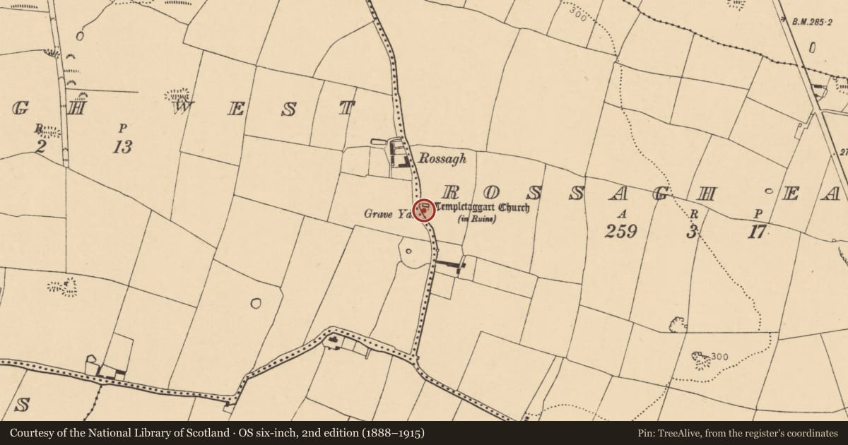 Ordnance Survey six-inch map, 2nd edition (1888–1915) covering the location of Graveyard, Rossagh East, County Cork, with a pin at the register's coordinates