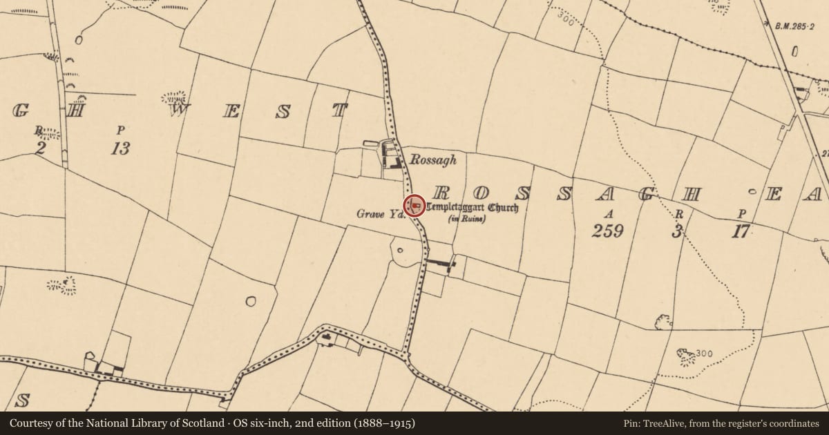 Ordnance Survey six-inch map, 2nd edition (1888–1915) covering the location of Church, Rossagh East, County Cork, with a pin at the register's coordinates
