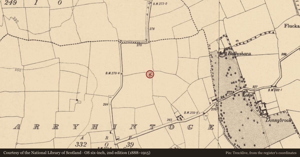 Ordnance Survey six-inch map, 2nd edition (1888–1915) covering the location of Quarry, Garryhintoge, County Cork, with a pin at the register's coordinates