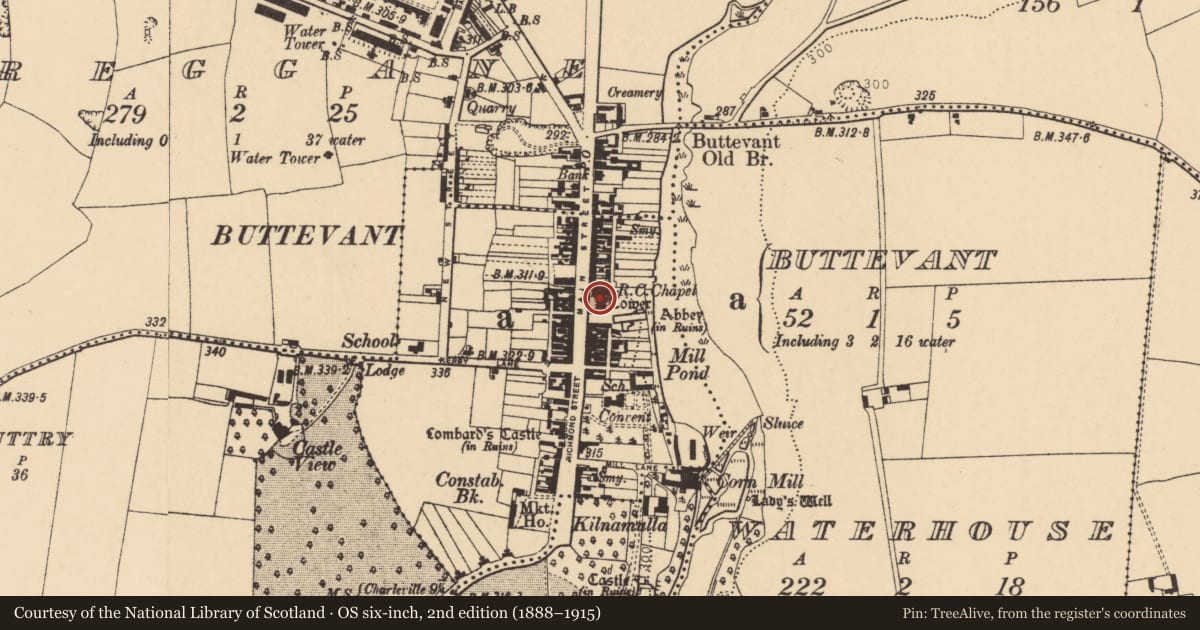 Ordnance Survey six-inch map, 2nd edition (1888–1915) covering the location of Church, Buttevant, County Cork, with a pin at the register's coordinates