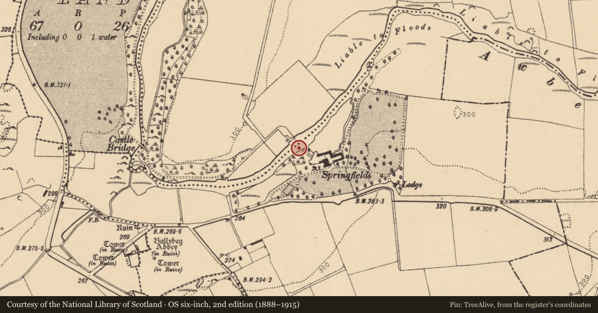 Ordnance Survey six-inch map, 2nd edition (1888–1915) covering the location of Clapper bridge, Waterhouse, County Cork, with a pin at the register's coordinates