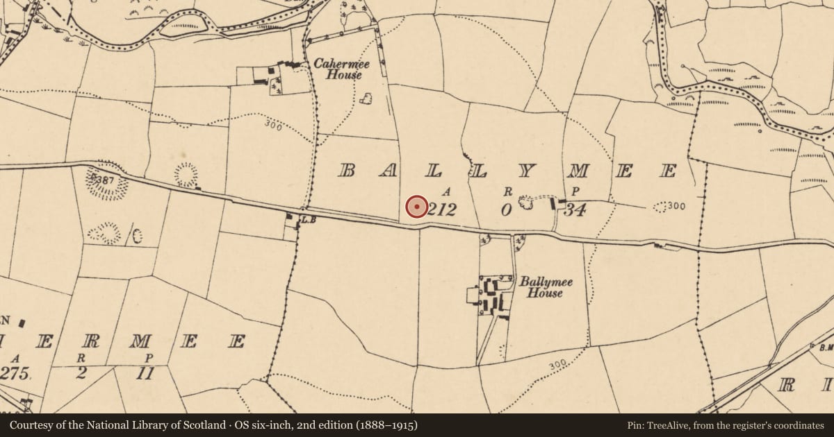 Ordnance Survey six-inch map, 2nd edition (1888–1915) covering the location of Enclosure, Ballymee, County Cork, with a pin at the register's coordinates
