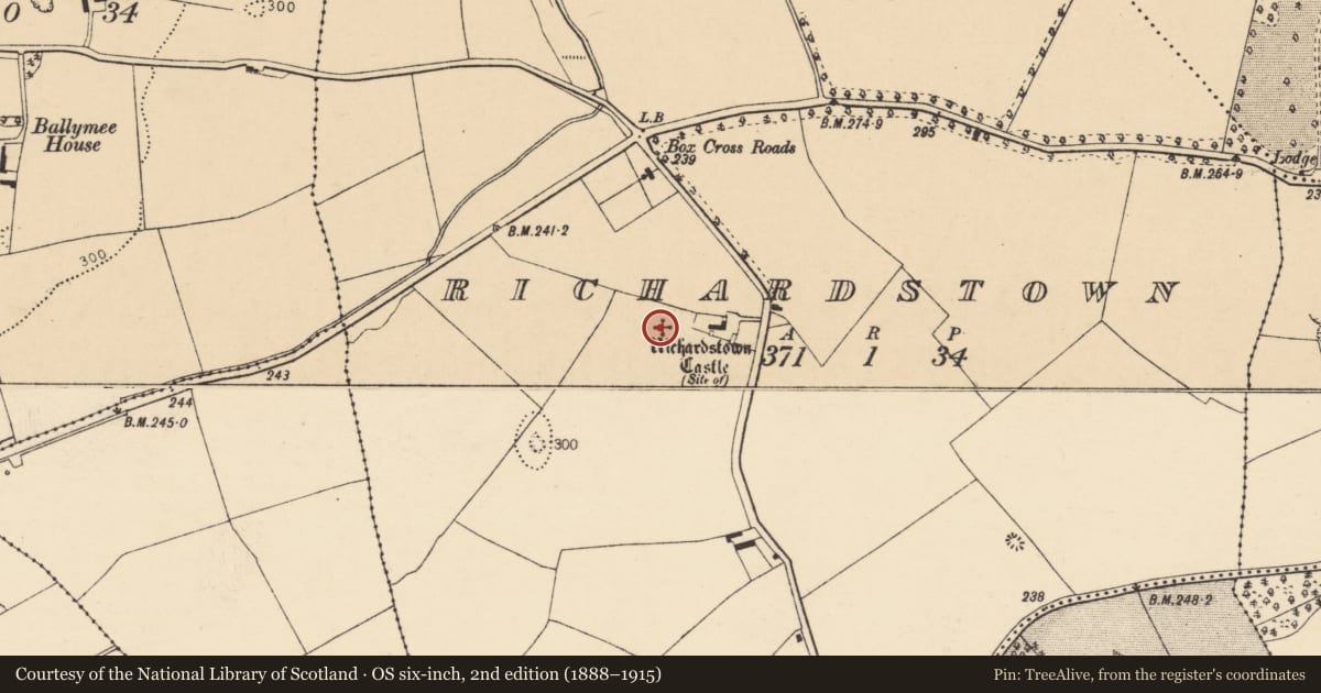 Ordnance Survey six-inch map, 2nd edition (1888–1915) covering the location of Castle - unclassified, Richardstown, County Cork, with a pin at the register's coordinates