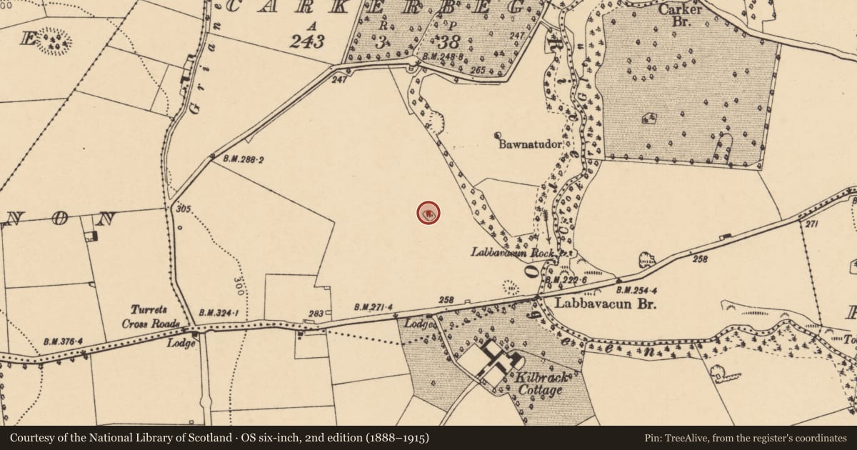 Ordnance Survey six-inch map, 2nd edition (1888–1915) covering the location of Enclosure, Carker Beg, County Cork, with a pin at the register's coordinates
