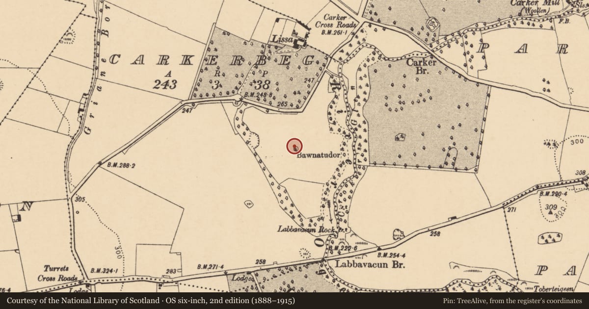 Ordnance Survey six-inch map, 2nd edition (1888–1915) covering the location of Enclosure, Carker Beg, County Cork, with a pin at the register's coordinates