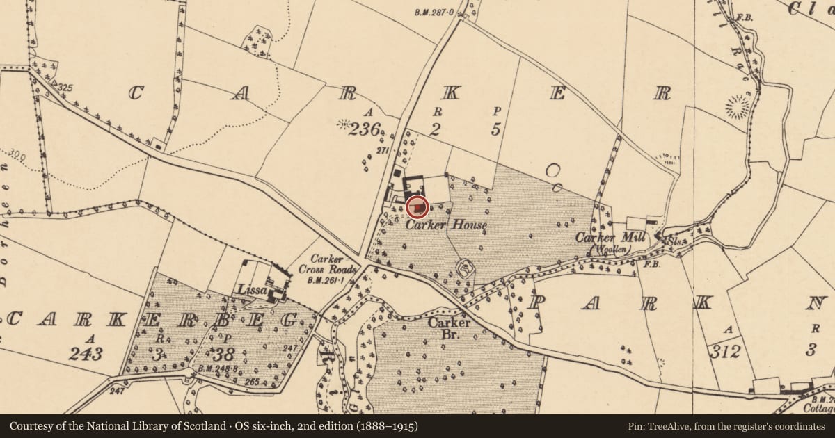 Ordnance Survey six-inch map, 2nd edition (1888–1915) covering the location of Country house, Carker, County Cork, with a pin at the register's coordinates