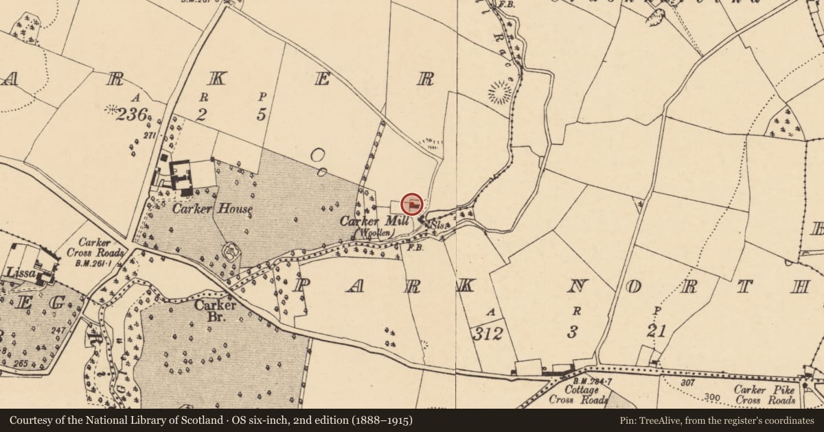 Ordnance Survey six-inch map, 2nd edition (1888–1915) covering the location of Milling complex, Carker, County Cork, with a pin at the register's coordinates