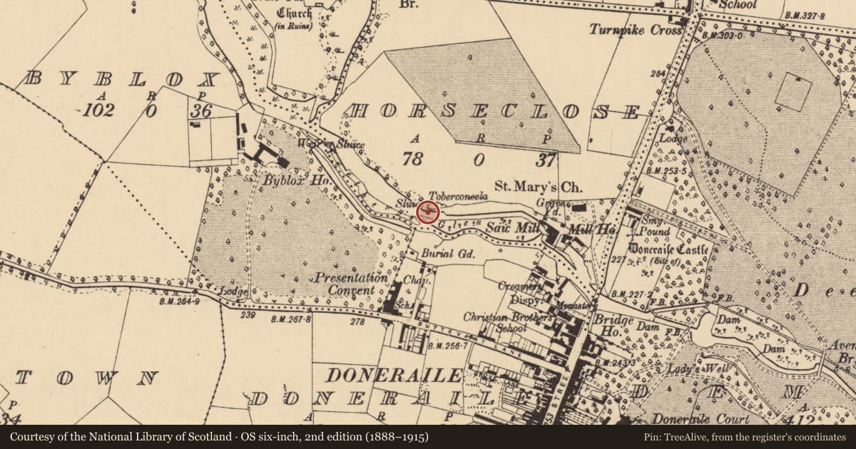 Ordnance Survey six-inch map, 2nd edition (1888–1915) covering the location of Ritual site - holy well, Horseclose, County Cork, with a pin at the register's coordinates
