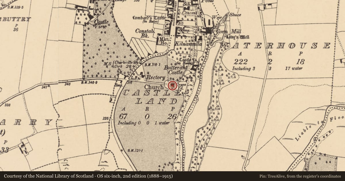 Ordnance Survey six-inch map, 2nd edition (1888–1915) covering the location of Church, Castleland, County Cork, with a pin at the register's coordinates