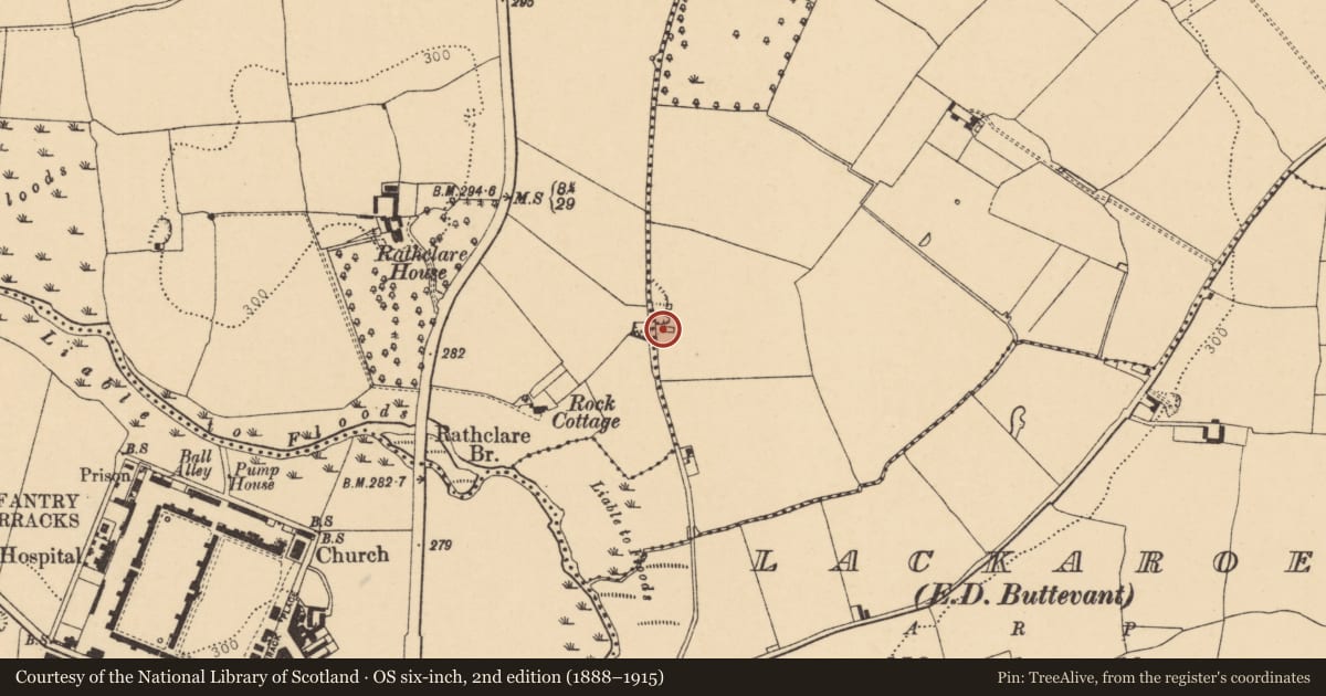 Ordnance Survey six-inch map, 2nd edition (1888–1915) covering the location of Leper hospital, County Cork, with a pin at the register's coordinates