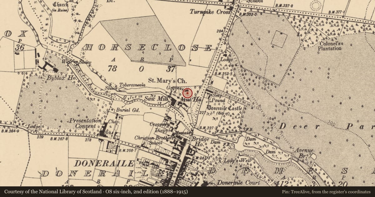 Ordnance Survey six-inch map, 2nd edition (1888–1915) covering the location of Graveyard, Horseclose, County Cork, with a pin at the register's coordinates